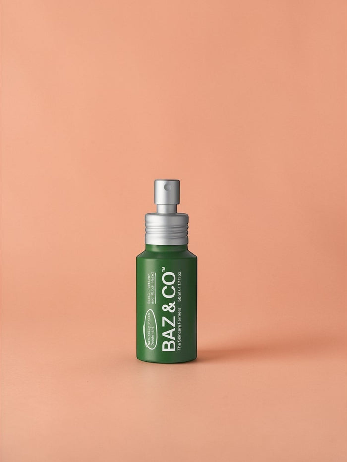 Baz & Co Skincare green spray bottle of Naturally Fresh Deodorant, 50ml, aluminium-free.
