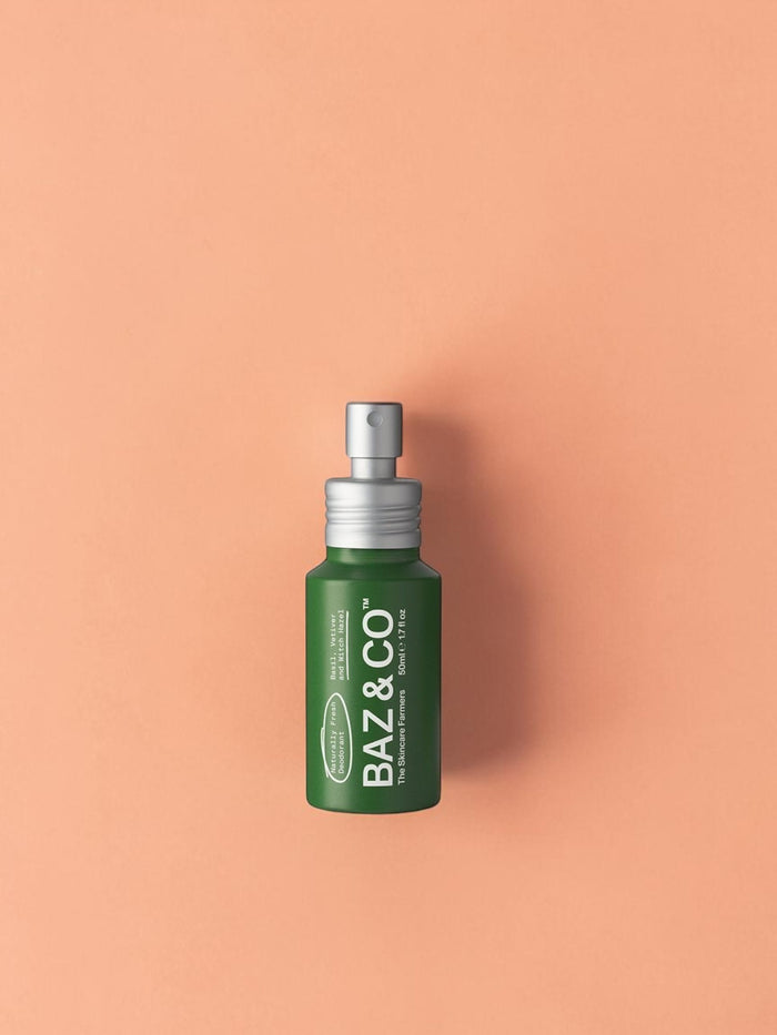 Baz & Co Skincare green spray bottle of Naturally Fresh Deodorant, 50ml, aluminium-free.