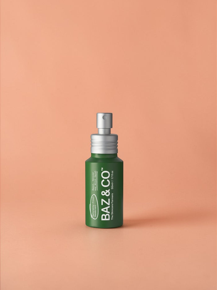 Baz & Co Skincare green spray bottle of Naturally Fresh Deodorant, 50ml, aluminium-free.
