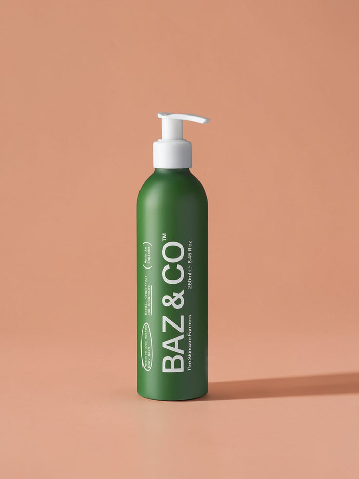 Baz & Co Skincare Restore and Awaken green body wash with basil, grapefruit & spearmint scent, 250ml.