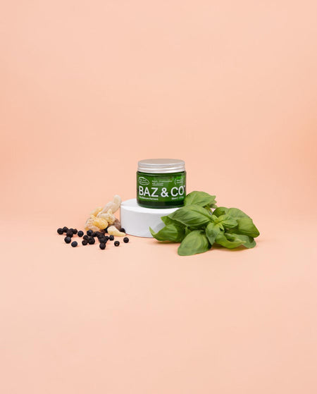 Baz & Co Skincare gift set featuring a green jar of cleanser and moisturiser with basil and peppercorns.