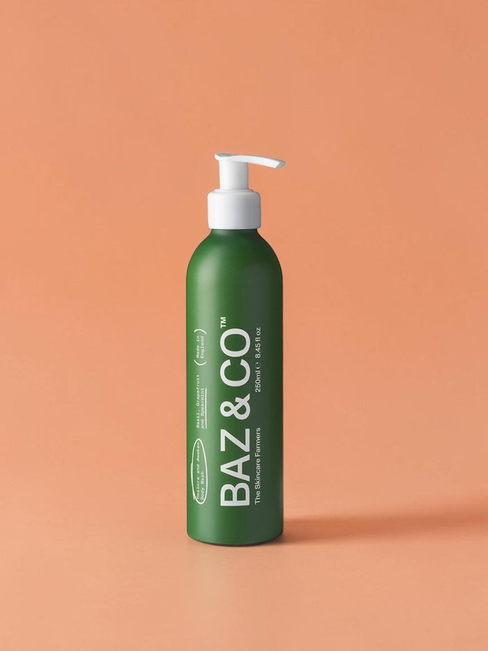 Baz & Co Skincare Restore and Awaken green body wash with basil, grapefruit & spearmint scent. 250ml bottle with pump dispenser.