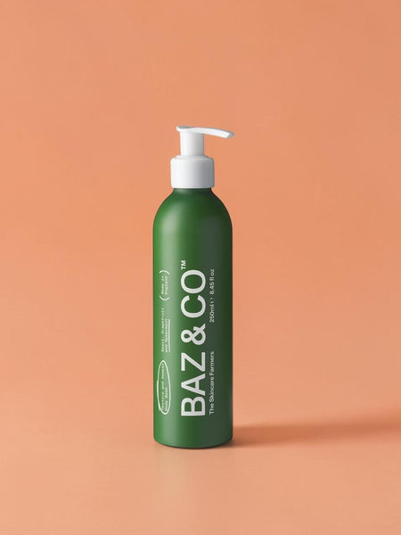 Baz & Co Skincare Restore and Awaken green body wash with basil, grapefruit & spearmint scent. 250ml bottle with pump dispenser.