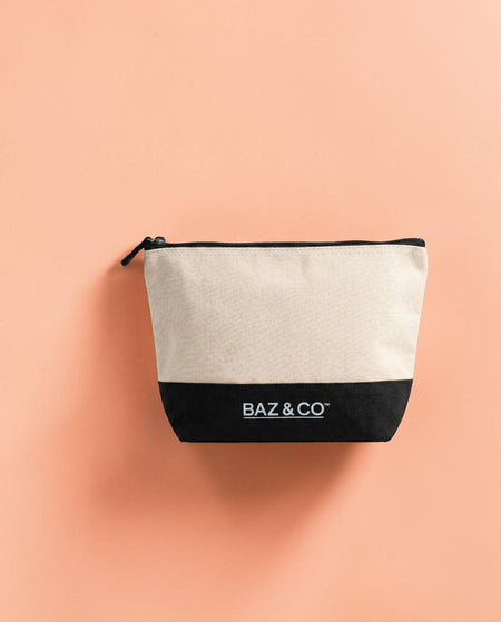 Baz & Co Skincare canvas wash bag with black base and zip, perfect for travel or gym.